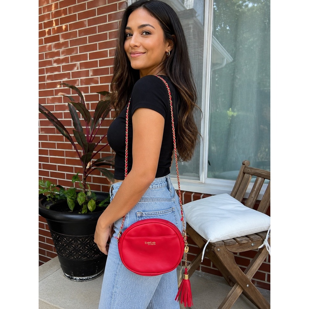 Bebe Los Angeles Red Round Crossbody Bag Gold Chain Tassel Accent Purse